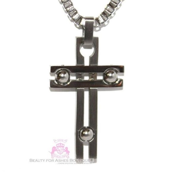 24" Mens Chain Stainless Steel Necklace Art Deco Cross Necklace - Picture 3 of 6